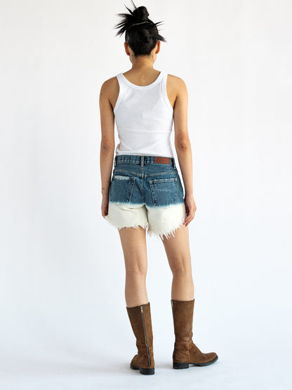 Back view of the B O R O デニム (BORO DENIM) 'Nagoya Let it Bleed' denim shorts. These shorts feature a 2-tone bleached ombre effect on premium Japanese Selvedge Fabric, highlighting their distinct vintage appeal
